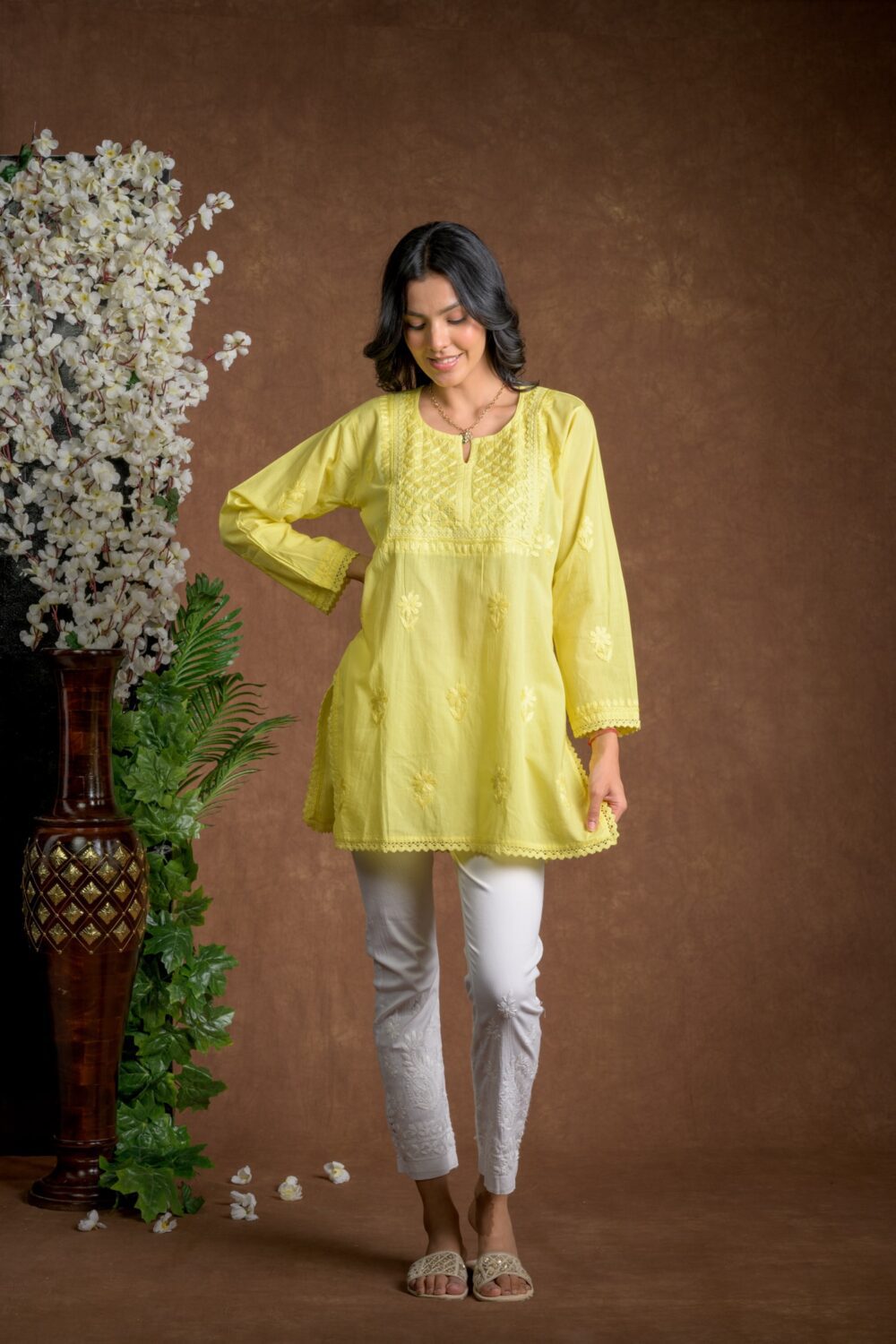 Gurbani Grace - Mull Cotton Lace Solid Women Kurti