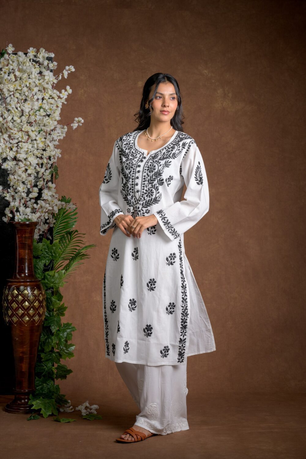 Gurbani Noir - Black and White Cotton Kurti for Women's