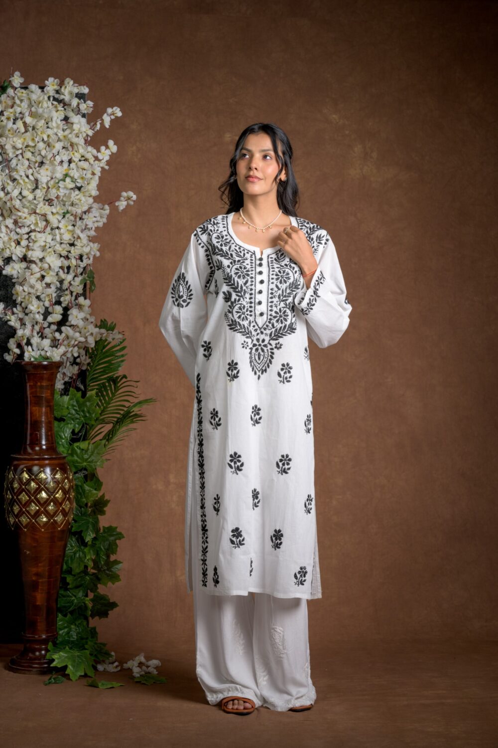 Gurbani Noir - Black and White Cotton Kurti for Women's