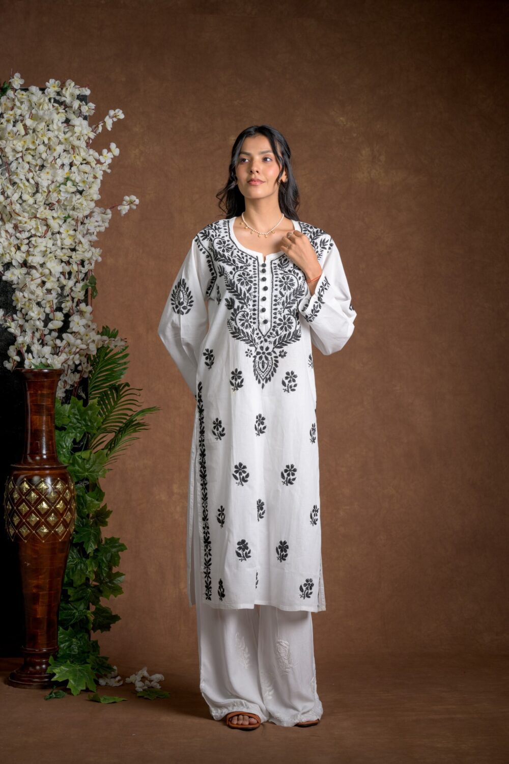 Gurbani Noir - Black and White Cotton Kurti for Women's