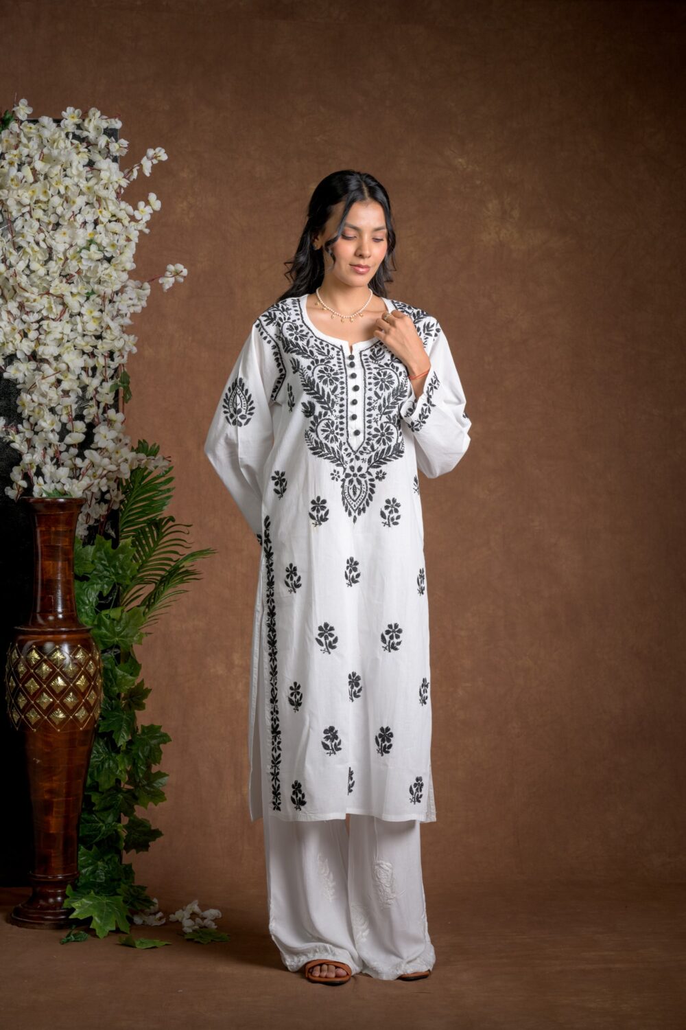 Gurbani Noir - Black and White Cotton Kurti for Women's