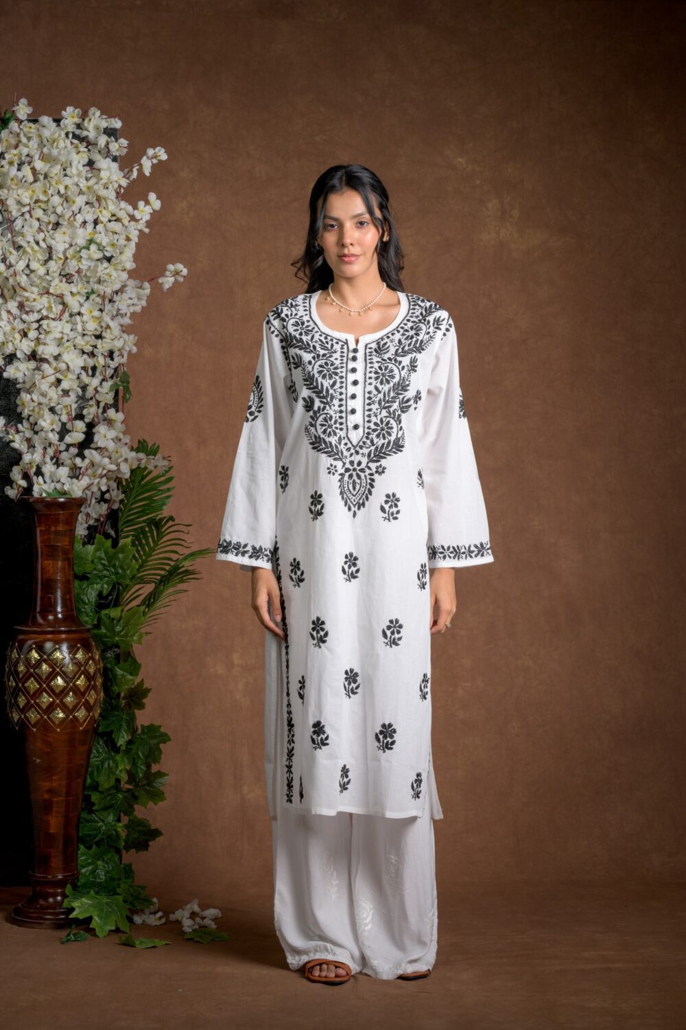 Gurbani Noir - Black and White Cotton Kurti for Women's