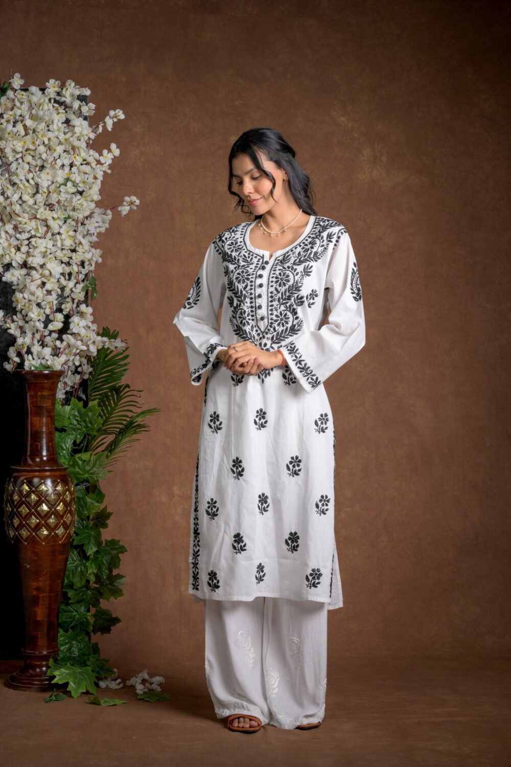 Gurbani Noir - Black and White Cotton Kurti for Women's