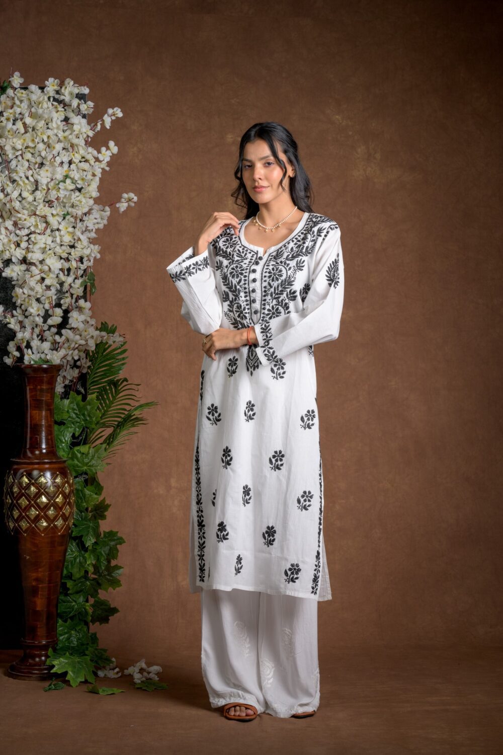 Gurbani Noir - Black and White Cotton Kurti for Women's