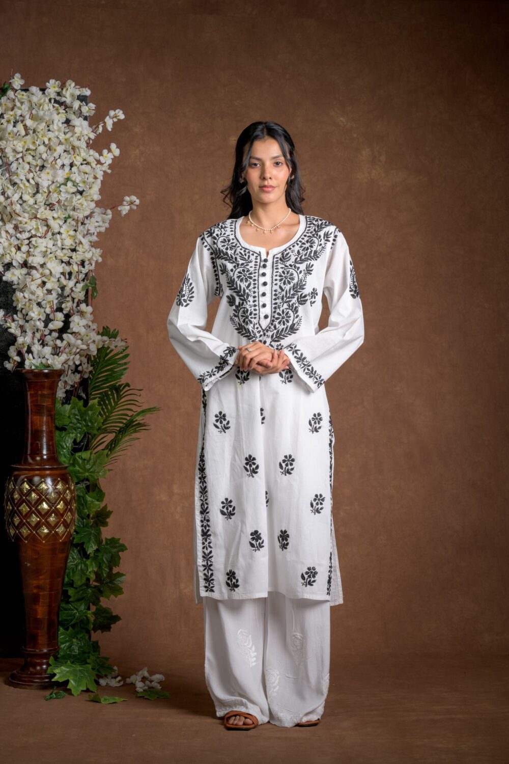 Gurbani Noir - Black and White Cotton Kurti for Women's