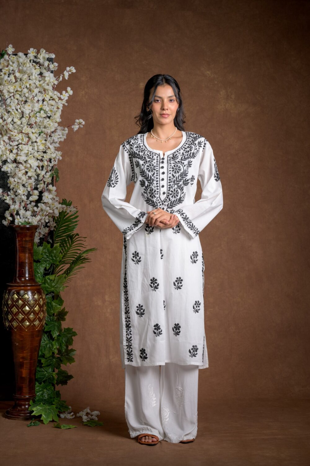 Gurbani Noir - Black and White Cotton Kurti for Women's