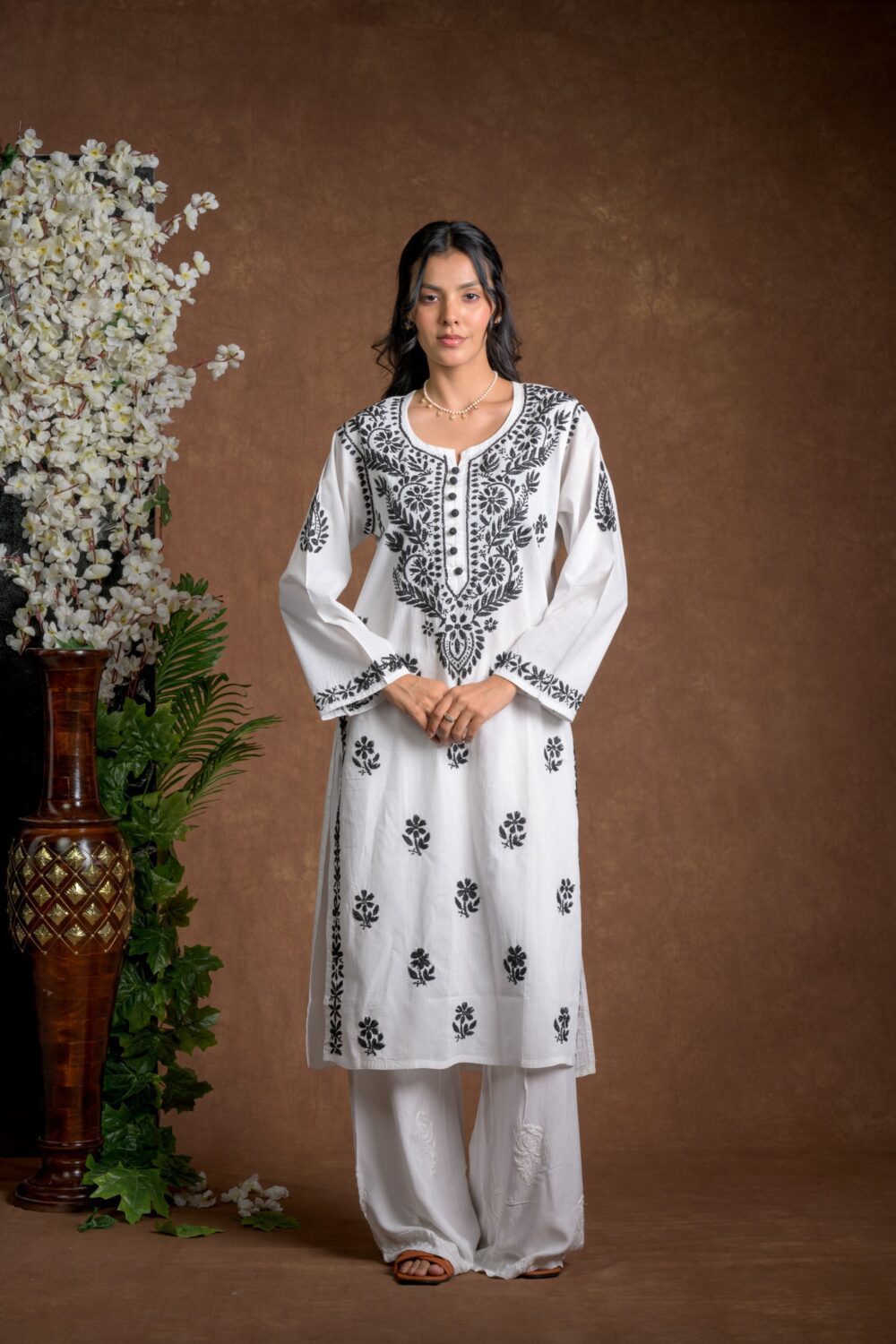 Gurbani Noir - Black and White Cotton Kurti for Women's