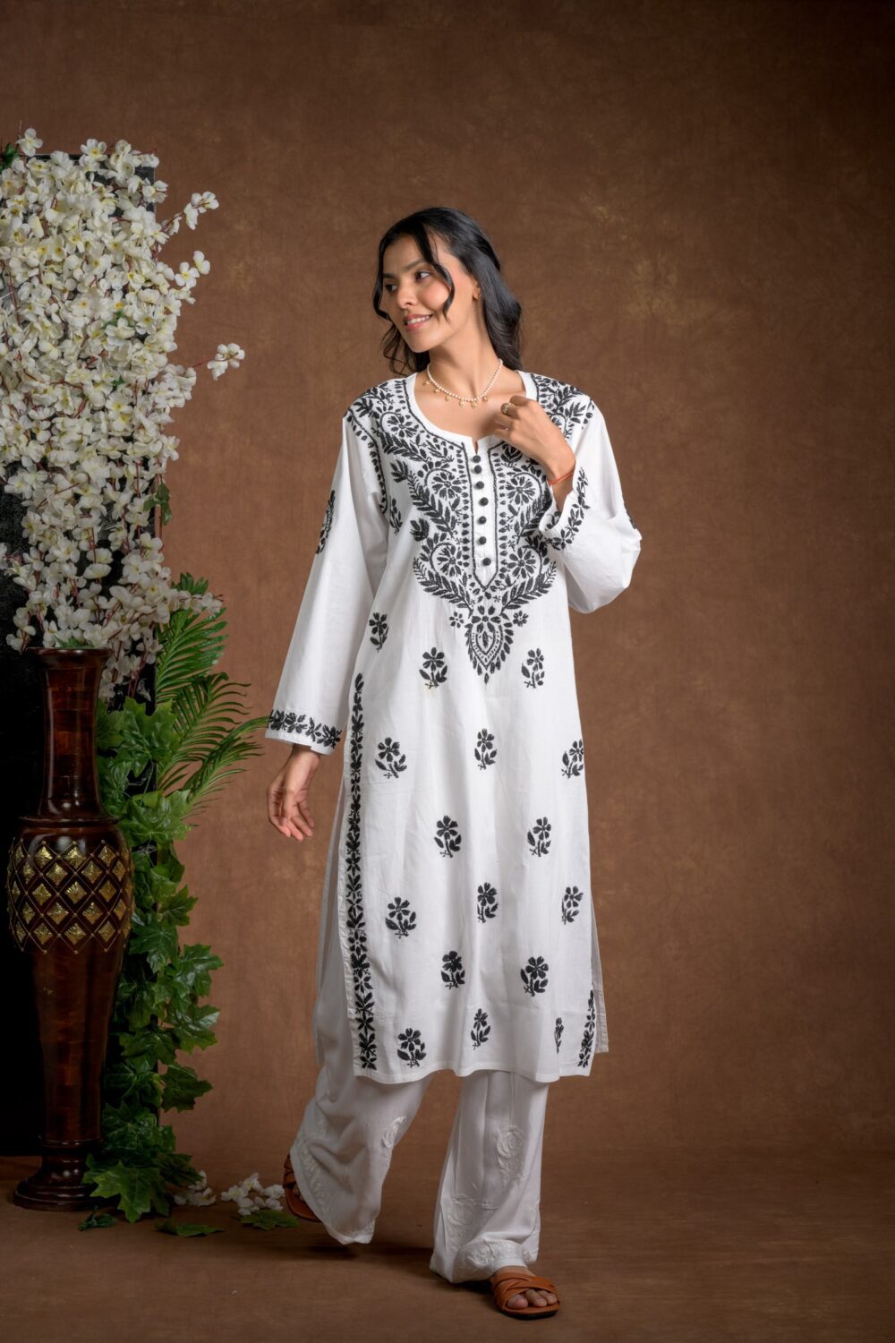 Gurbani Noir - Black and White Cotton Kurti for Women's