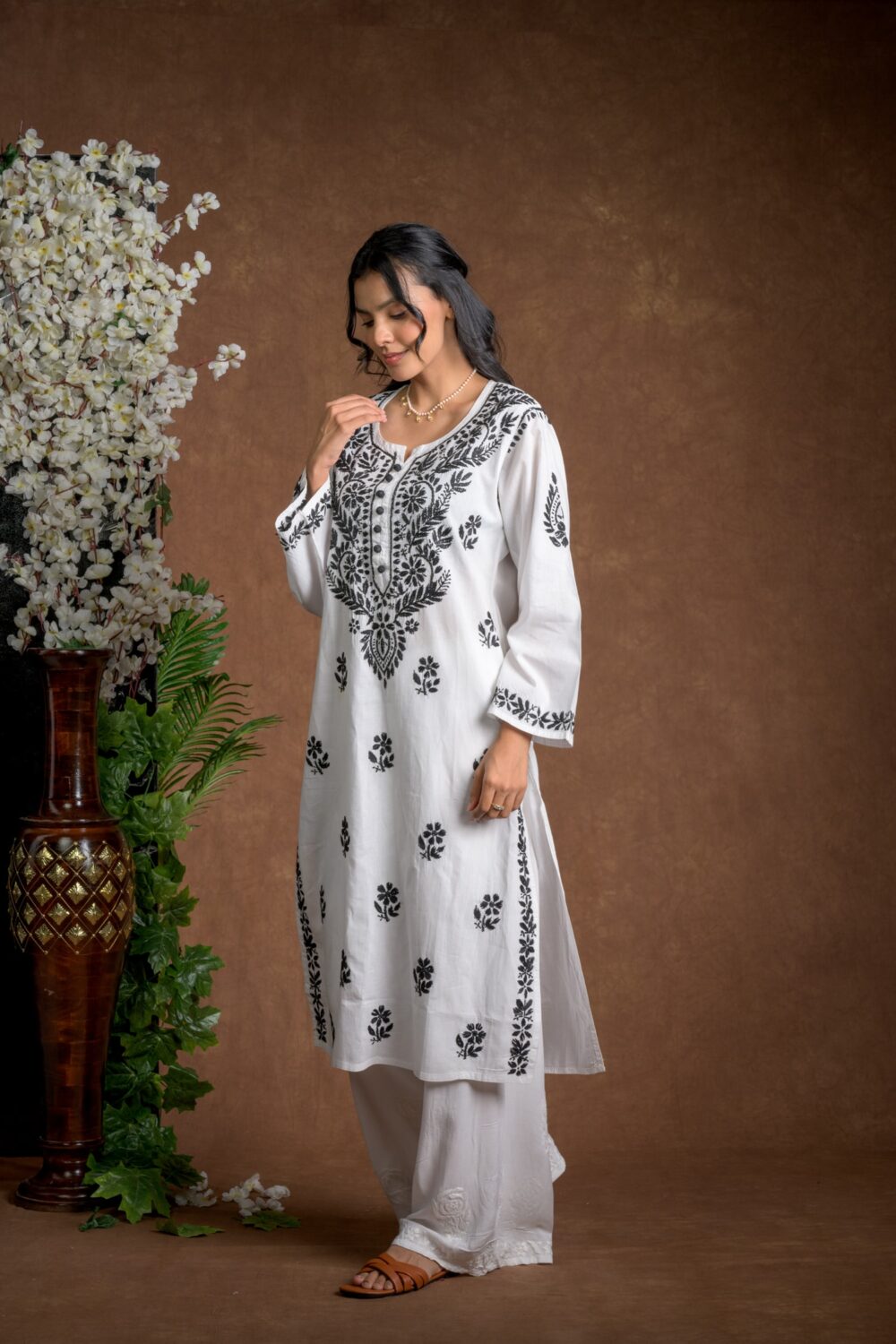 Gurbani Noir - Black and White Cotton Kurti for Women's