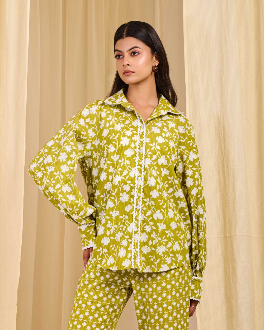 White Trim Floral oversized Shirt
